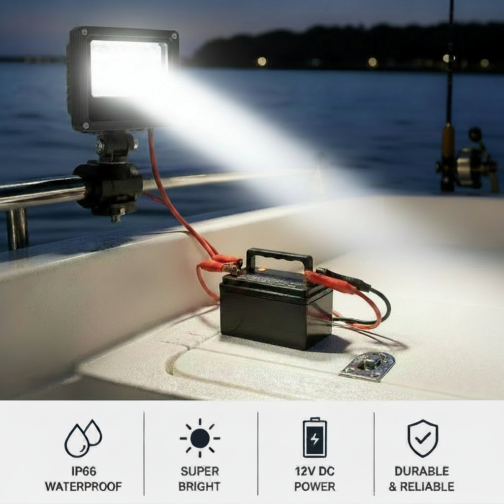 10W 12V DC LED Flood Light with battery clamp-IP66-6500K.
