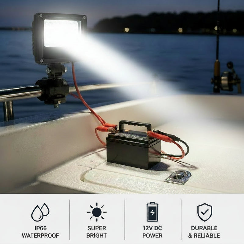 10W 12V DC LED Flood Light with battery clamp-IP66-6500K.