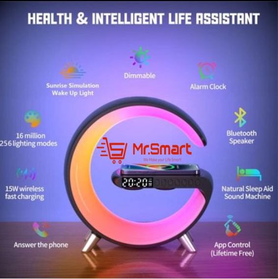 G-Shape Multifunction Light With Alarm Clock, Wireless Charger & BT Speaker. Mr.Smart SA's Best Online Shopping Store.