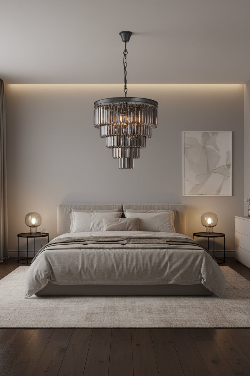 K-Light KLCH-6515/6-BL 230v 40W E14 Large Crystal 5 Tier Chandelier, Charcoal Grey