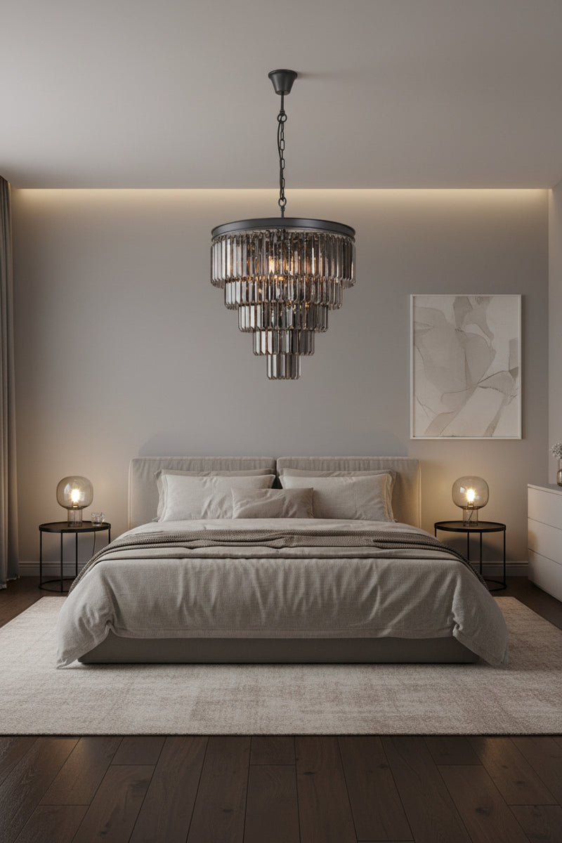 K-Light KLCH-6515/6-BL 230v 40W E14 Large Crystal 5 Tier Chandelier, Charcoal Grey
