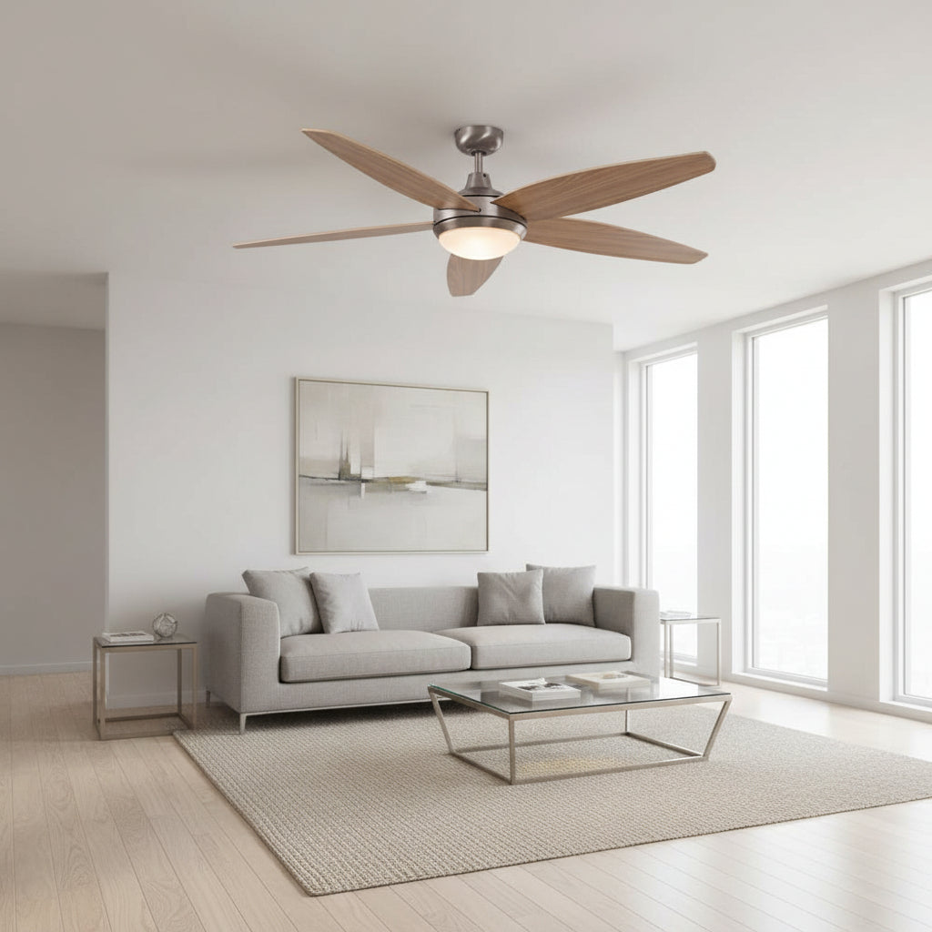 Radiant Lancer Ceiling Fan with Light Satin Chrome & Wood-RF31WD