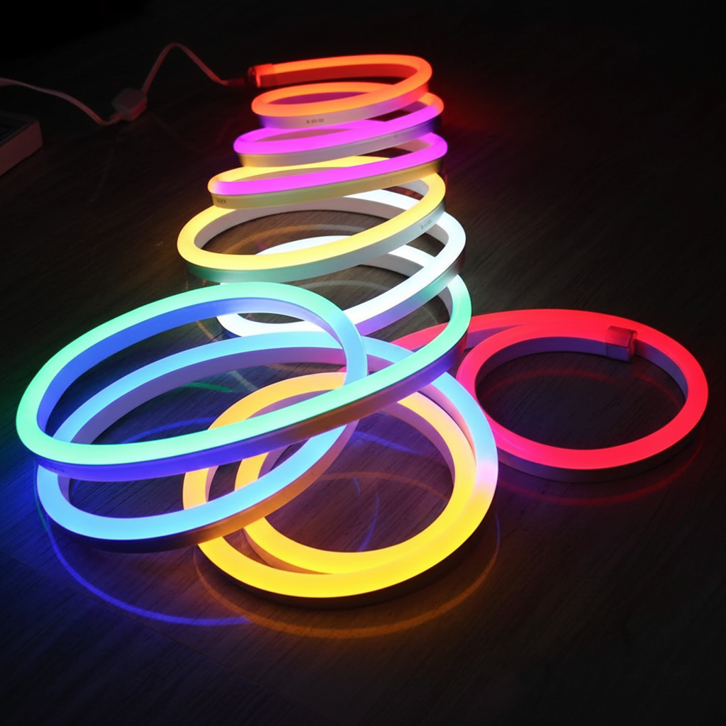 20M RGB/Multicolor Neon LED Strip Light 220V installed for décor
Close-up of 20M RGB/Multicolor Neon LED Strip Light 220V glowing