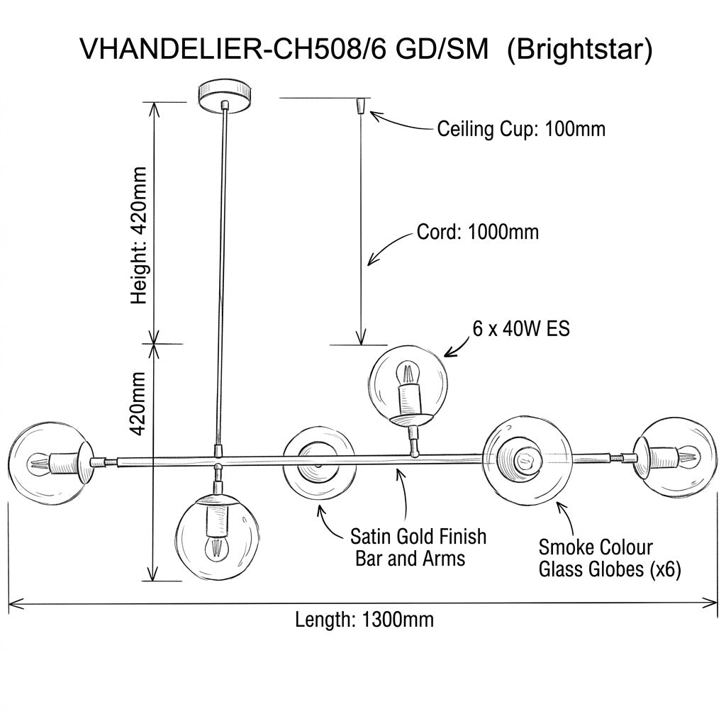 Brightstar-CH508/6 GD/SM Chandelier Light.