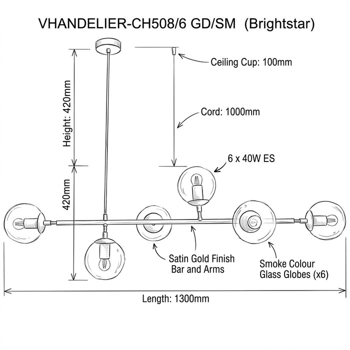 Brightstar-CH508/6 GD/SM Chandelier Light.