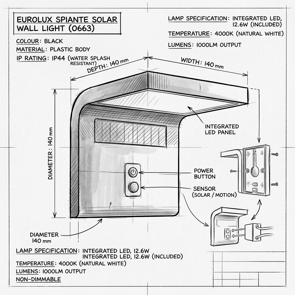 Eurolux Spiante Solar Wall Light Black-O663 4000K IP44.