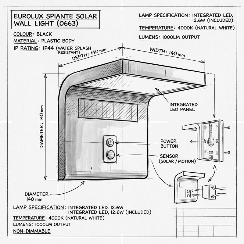 Eurolux Spiante Solar Wall Light Black-O663 4000K IP44.
